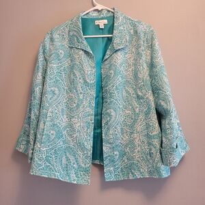 Kim Rogers Linen Blazer XL Blue White Paisley Open Front Womens Jacket